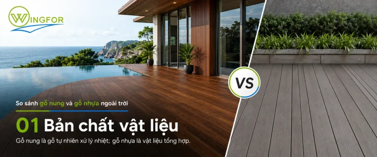 So sánh bản chất vật liệu của gỗ nung và gỗ nhựa ngoài trời